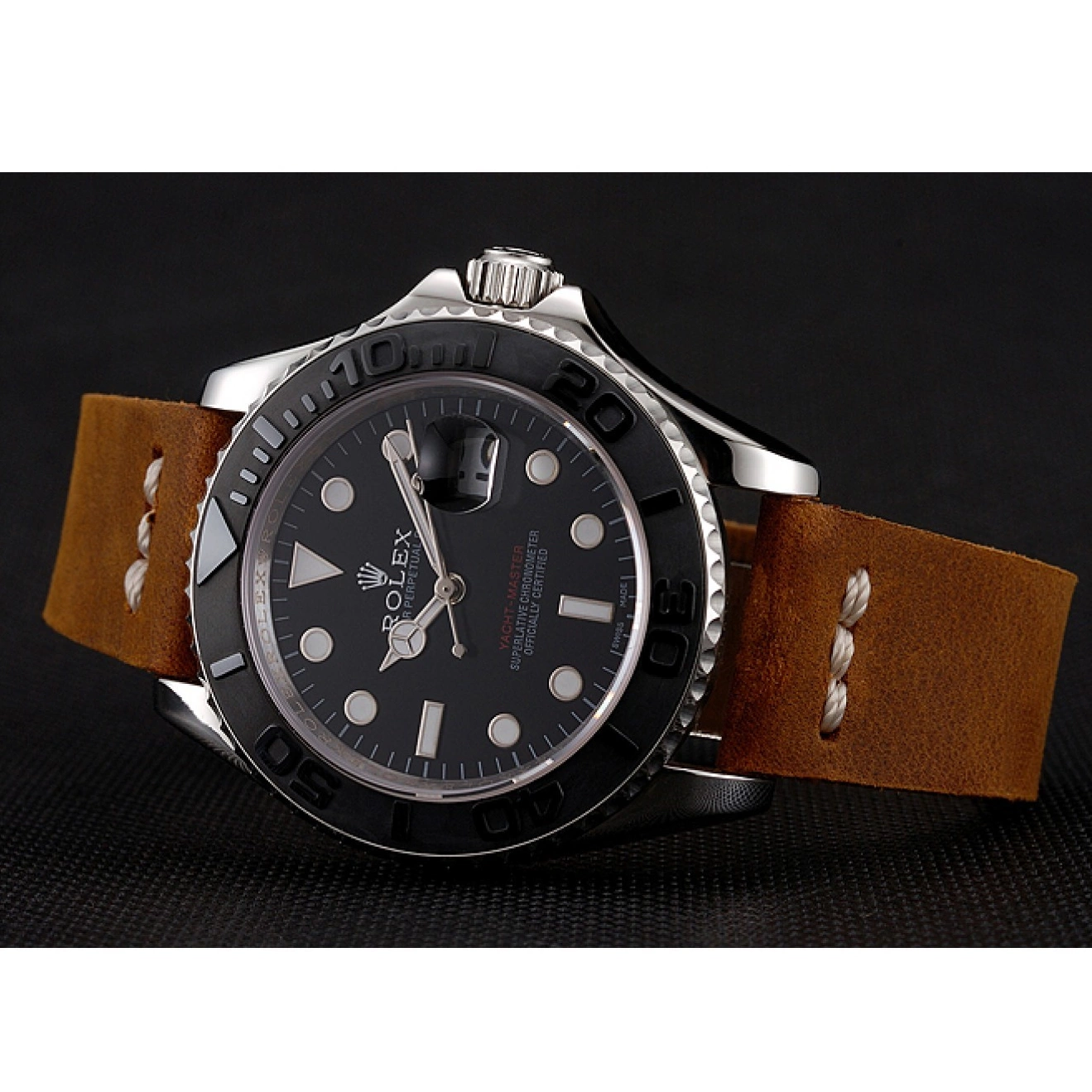 Aaa replica watch Bracelet Brown Leather 1453859 Master Dial Yacht Case Silver Rolex Black 0822